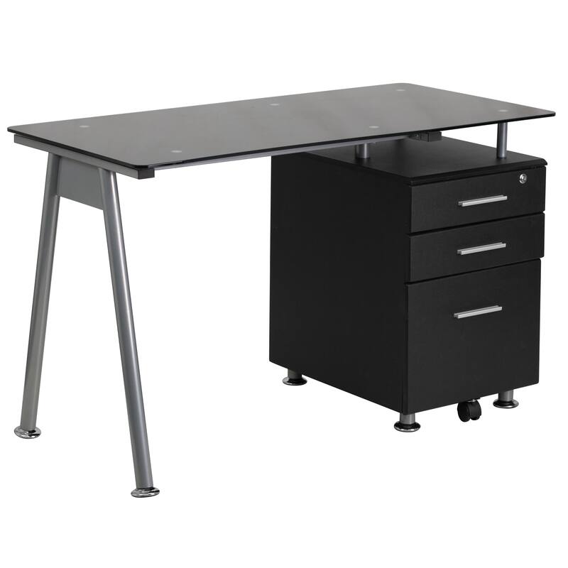 Computer Desk with Tempered Glass Top and Three Drawer Pedestal