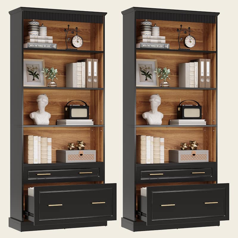 5-tier Modern Bookshelf Tall Bookcase with 2 Drawers (Set of 2) - 31.5" W x 11.8" D x 72.8" H