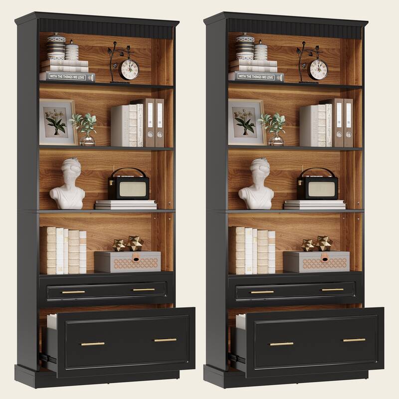 72" Tall White 5-shelf Bookcase Bookshelf with 2 Drawers - Black&Oak-2 PCS