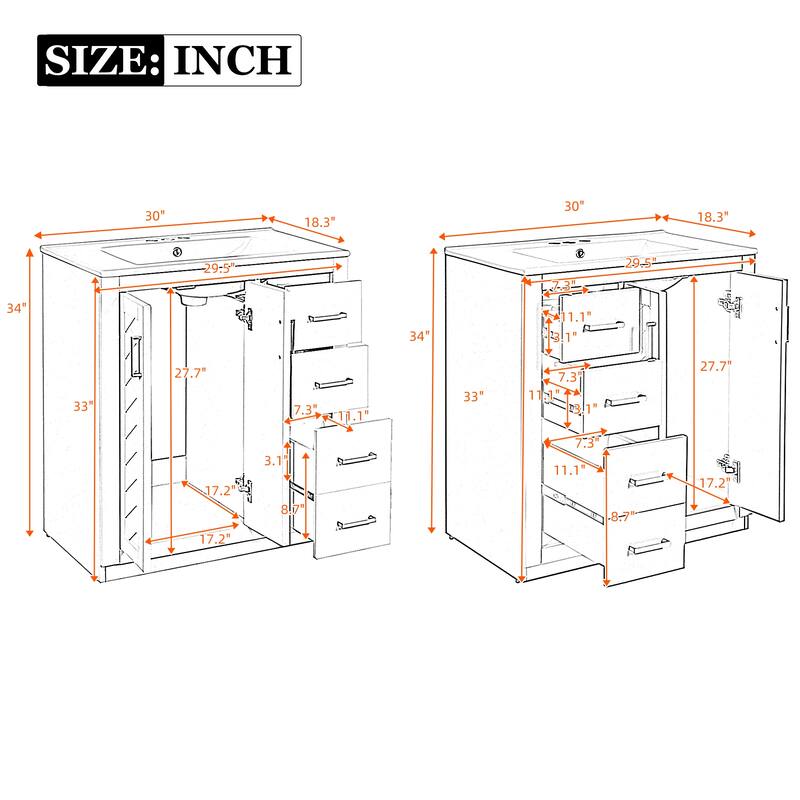 60'' Freestanding Bathroom Vanity Set with White Integrated Ceramic Sink - 60'' x 18.3'' x 34''
