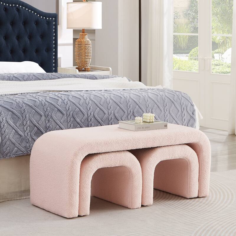 3-Piece End of Bed Bench Set with 2 Small Benches, Teddy Ottoman Bench Sofa Footrest for Entryway, Living Room