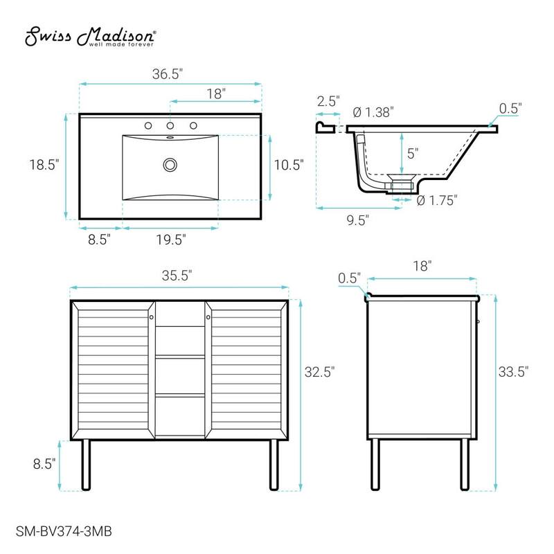 Swiss Madison SM-BV374-3MB Bron 37" Free Standing Single Basin Vanity