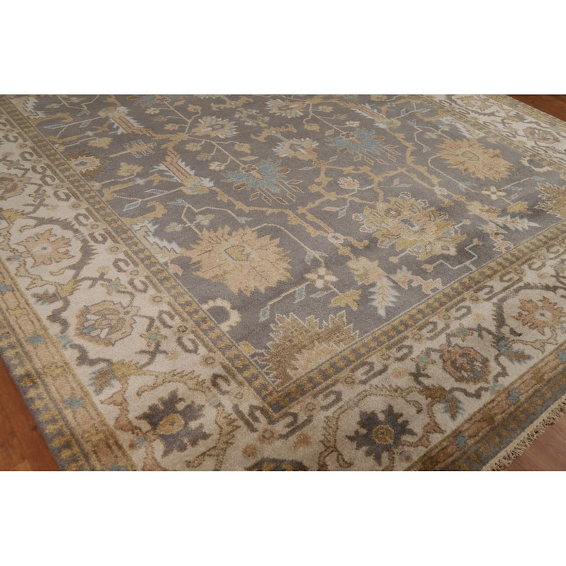 Geometric Gray Oushak Indian Area Rug Hand-Knotted Wool Carpet - 9'3"x 11'8"