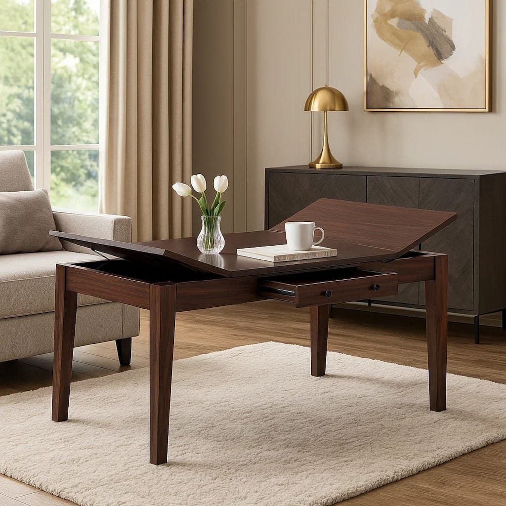 Sheryl Dining Table with Lift Top Hidden Storage, Walnut Brown - Walnut Brown
