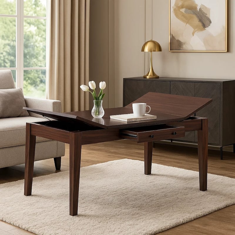 Sheryl Dining Table with Lift Top Hidden Storage, Walnut Brown - Walnut Brown