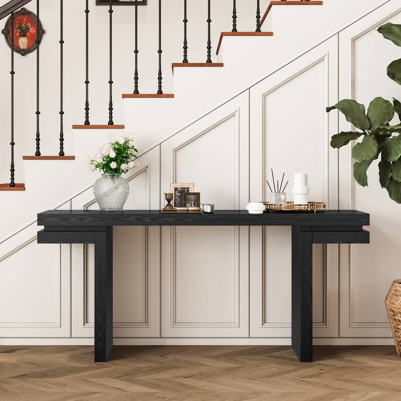 66 inch Extra Wide Real Wood Veneered Console Table Minimalist Sofa Table Distressed Oak Entryway