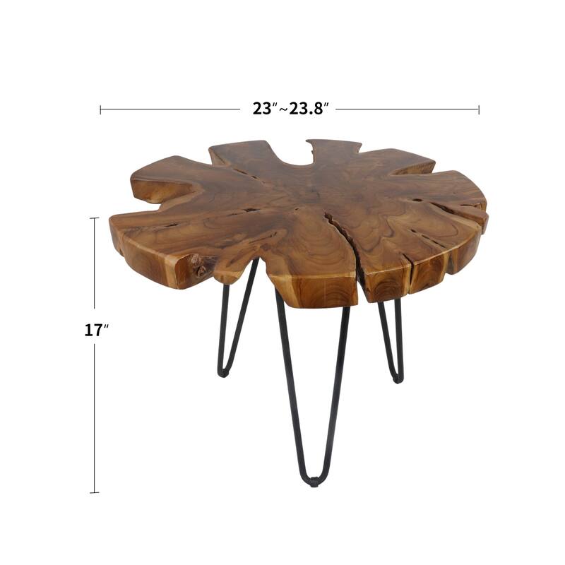 Handcrafted Live Edge Teak Wood Irregular End Table With Iron Legs