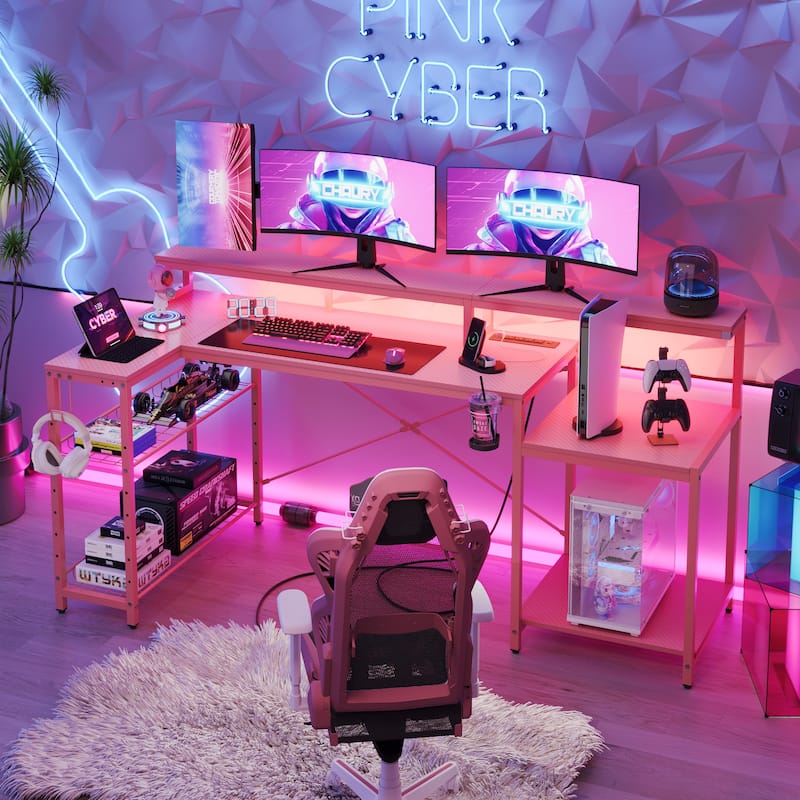 Bestier 71.5“” Computer Desk with Power Outlets, L Shaped LED Home Office Desk with Long Monitor Stand and Cup Holder & Hooks