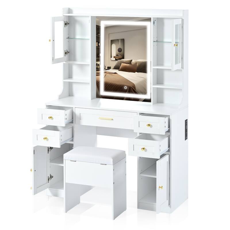 41.4" Makeup Vanity Desk with Mirror and Lights, Makeup Table with 5 Drawers and 4 Cabinets, Dressing Table