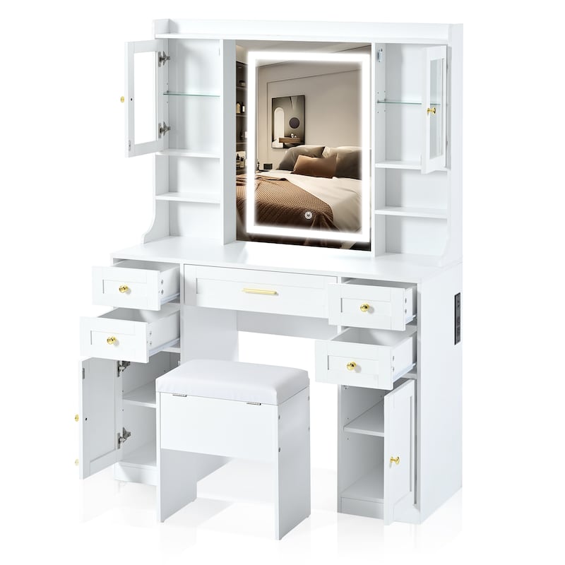 Roomfitters 41.4-Inch Makeup Vanity Desk with Mirror and Lights, Dressing Table with Charging Station, White