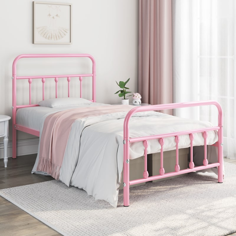 Yaheetech Classic Iron Platform Bed with High Headboard and Footboard Strong Metal-Framed Bed - Pink - Twin