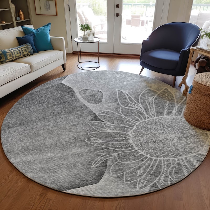 Machine Washable Indoor/ Outdoor Chantille Modern Sunflower Rug - Gray - 8' x 8'