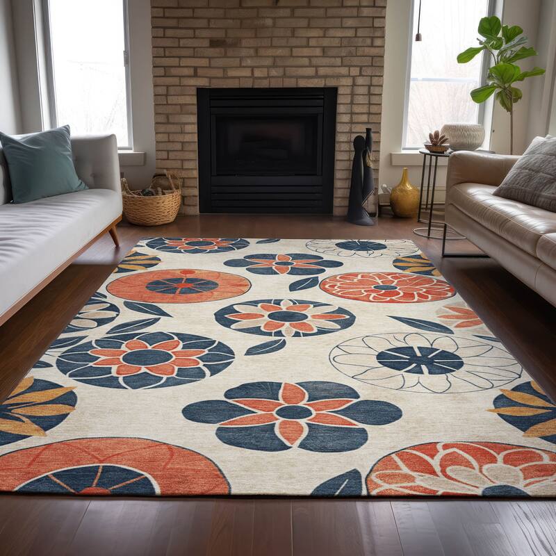 Machine Washable Indoor/Outdoor Transitional Floral Chantille Rug