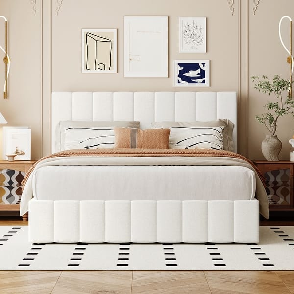 slide 2 of 27, Queen Size Upholstered Platform Bed with a Hydraulic Storage System White