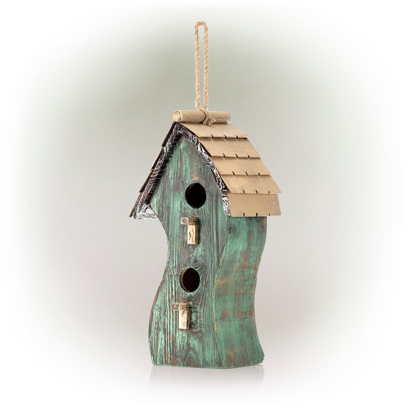 Alpine Corporation 17" Tall Outdoor Artful Swirly Hanging Wooden Birdhouse, Green