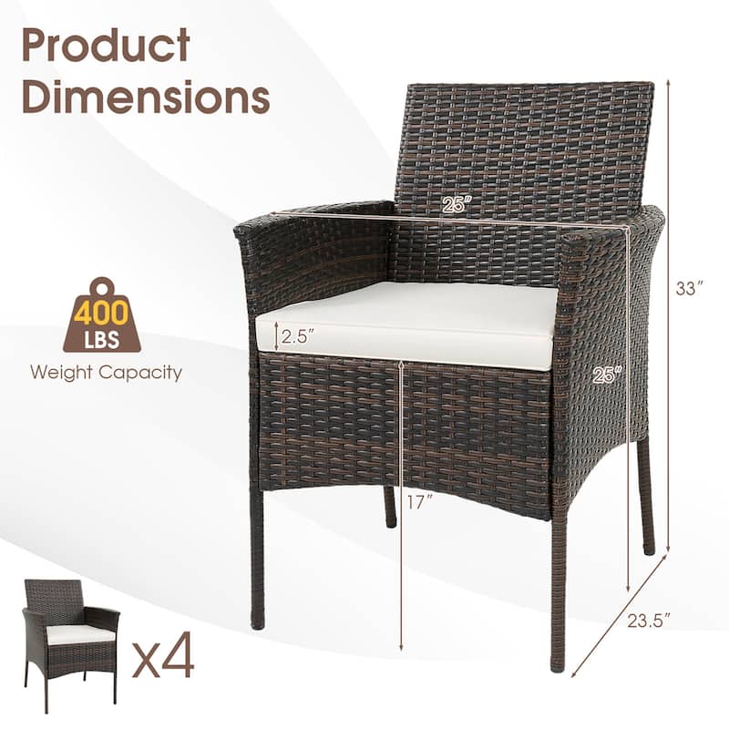 Set of 4 Patio Rattan Dining Chairs Cushioned Seat Curved Armrests