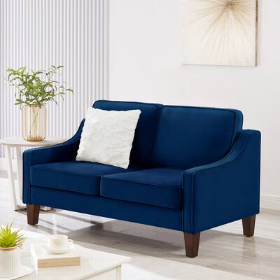 Modern Loveseat sofa for Living Room, Upholstered Velvet Small Couch with Wooden Legs for Bedroom, Navy