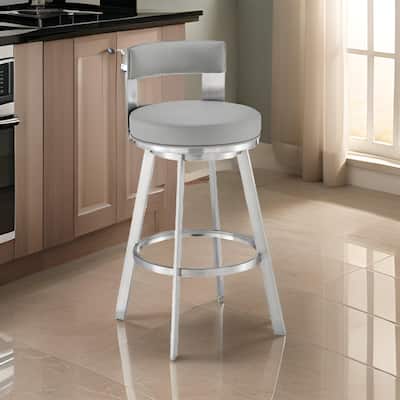 Ami 30 Inch Swivel Barstool Chair, Light Gray Faux Leather, Steel