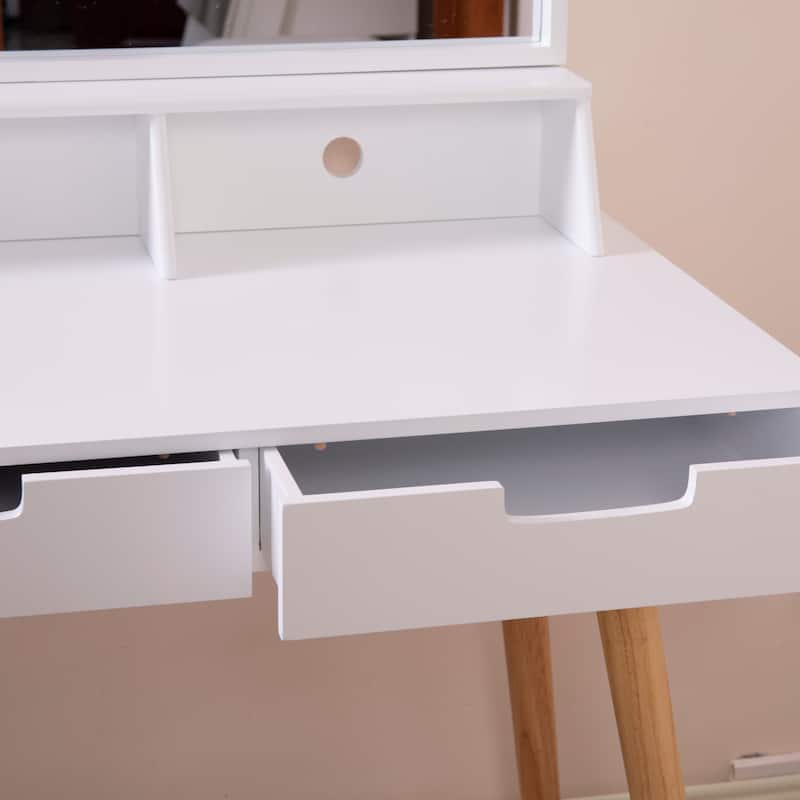White Wooden Mirror Vanity Desk Makeup Table - 31.5 x 19.7 x 34.3