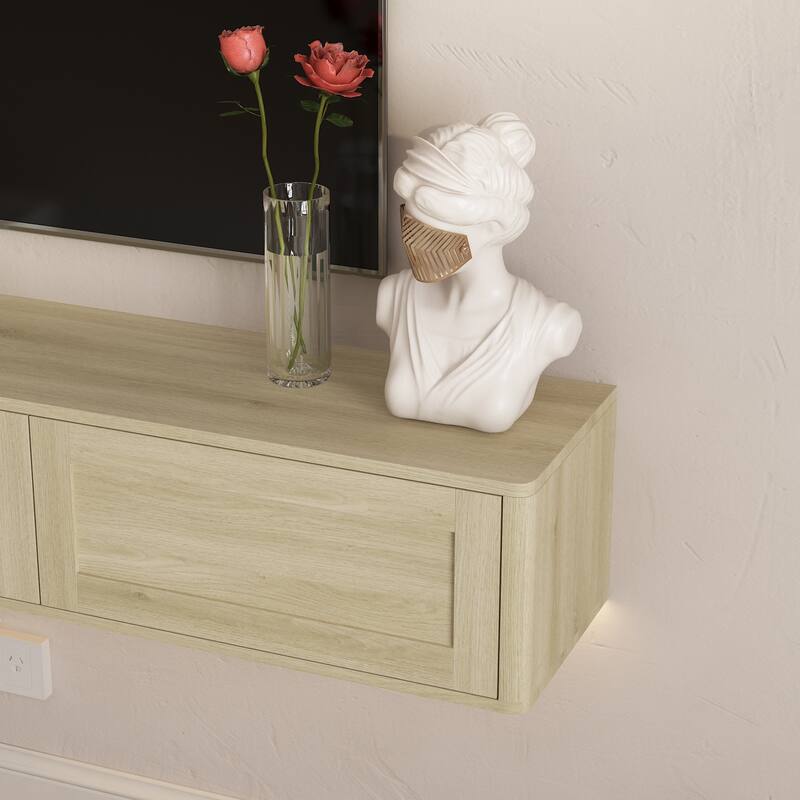 Wall Mounted TV Stand, High Gloss Floating TV Stand with LED Lights & Power Outlet