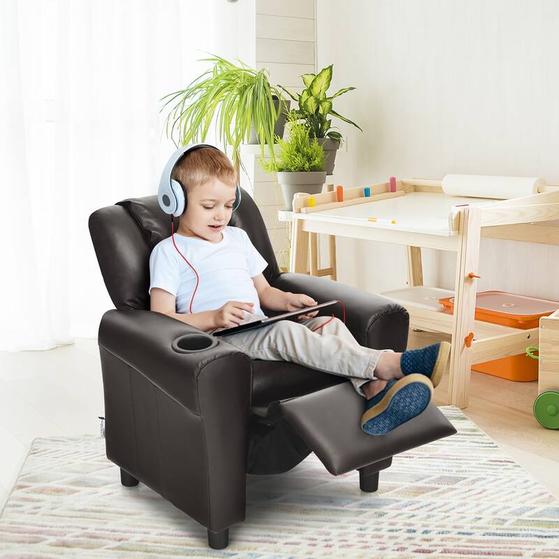 Costway Kids Recliner Chair PU Leather Armrest Sofa w/Footrest Cup
