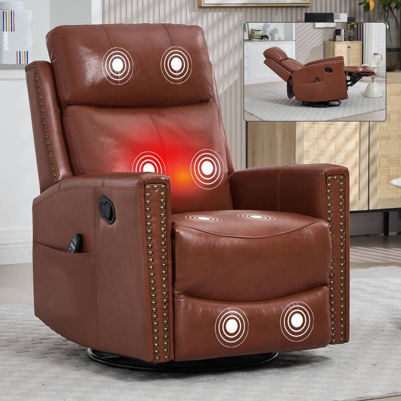 Roomfitters Genuine Leather Swivel Rocker Recliner, Manual Massage Glider with Heat and Top Grain Cowhide, Living Room