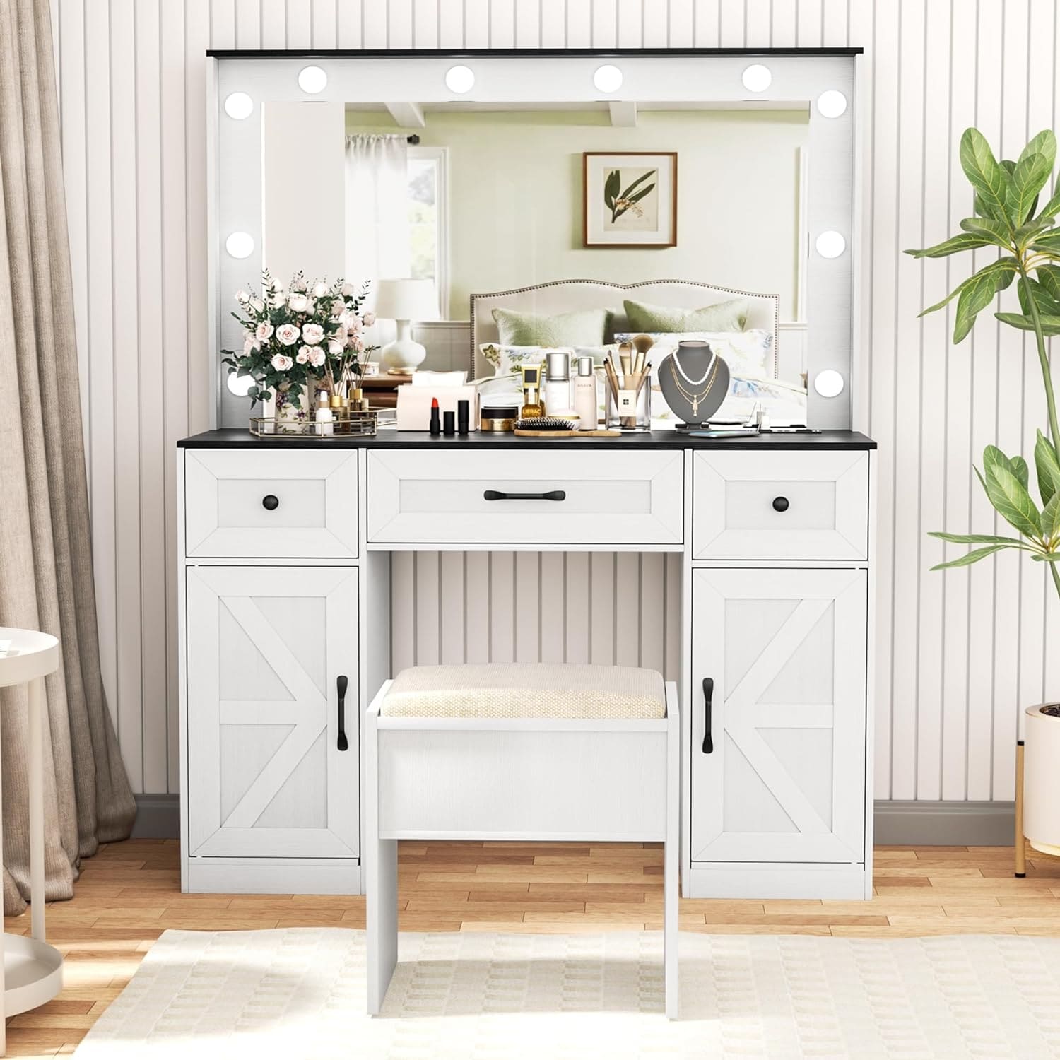 43.3 Wide Makeup Vanity Dressing Table with Adjustable Lighted Mirror and Stool Power Outlet On Sale Bed Bath Beyond 38881313