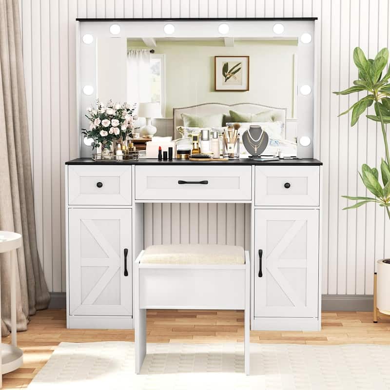 43.3'' Wide Makeup Vanity Dressing Table with Adjustable Lighted Mirror and Stool, Power Outlet - White