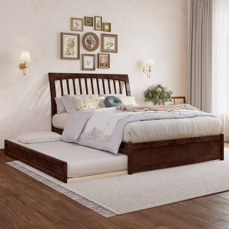 Roslyn Platform Bed with Panel Footboard and Twin Trundle - Walnut - Full