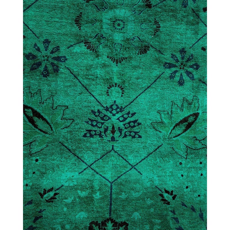 Overton Handknotted Wool Vintage Inspired Contemporary Overdyed Green Area Rug - 13' 10" x 8' 2"