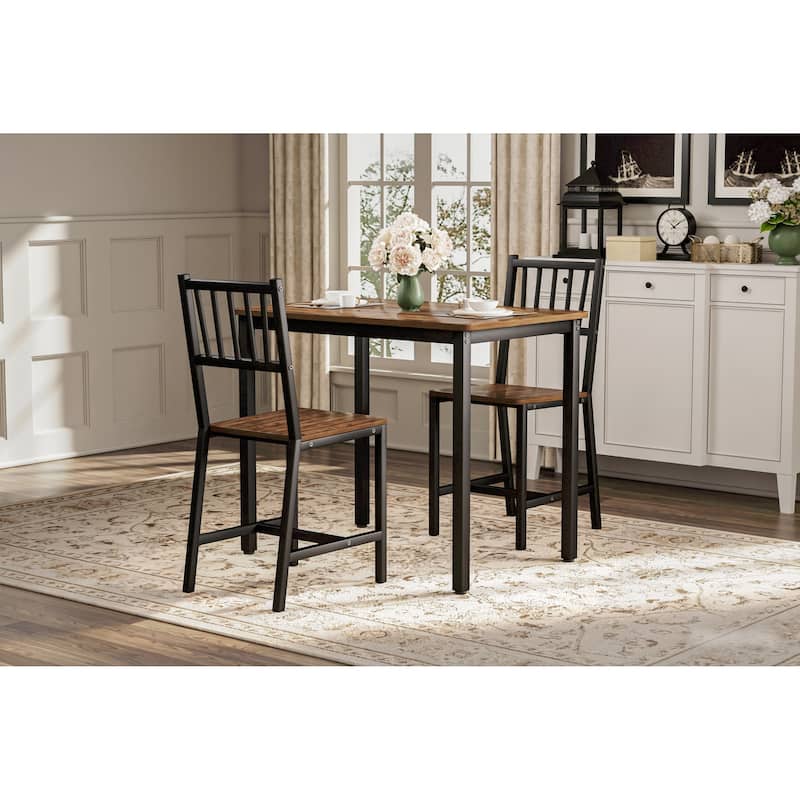 Anmytek Industrial 3 Piece Dining Set Walnut Wood Table with 2 Chairs Space Saving Breakfast Bar for Kitchen and Small Spaces