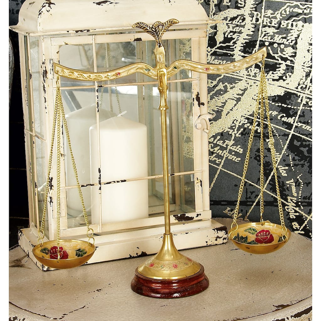 Gold Metal Small Vintage Style Decorative Scales with Red and Green Floral Accents