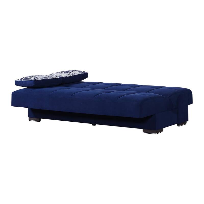 HomeRoots 75" Blue Chenille Convertible Futon Sleeper Sofa And Toss Pillows With Storage