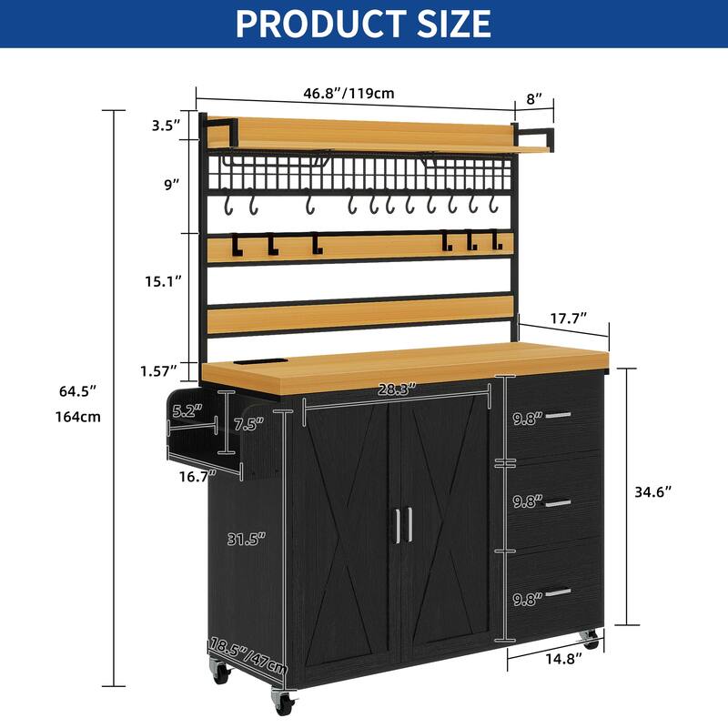 Moasis Large Rolling Kitchen Island Bakers Rack with Power Outlet, LED Light & Tall Shelf