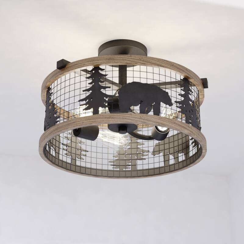 Kodiak 16-in W Black and Teak Rustic Semi Flush Mount Ceiling Light Bear and Tree Motif - 16-in W x 10.75-in H x 16-in D - Black and Burnished Teak - 16-in W x 10.75-in H x 16-in D