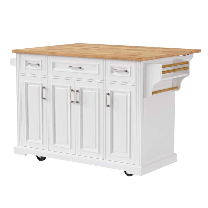 54" Large Rolling Kitchen Island with Rubber Wood Drop Leaf - Embossed Texture Storage Cart with 4 Doors & 3 Drawers for Kitchen