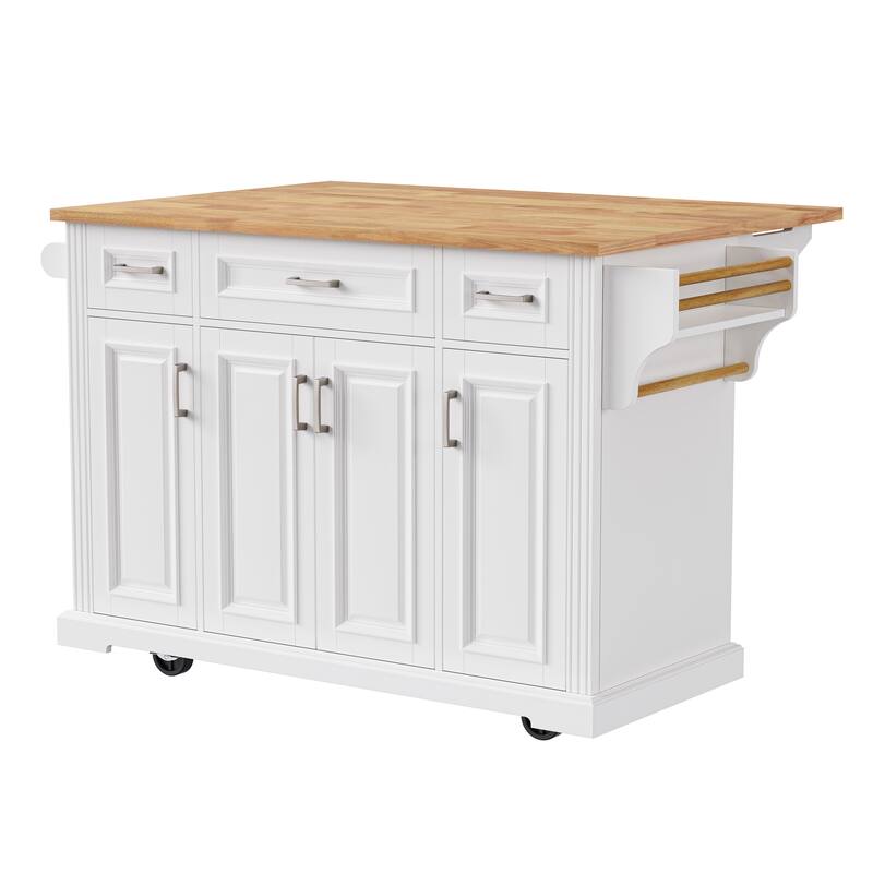 54inch Kitchen Island with Rubber Wood Drop Leaf, Embossed Texture Rolling Kitchen Cart on 4 Wheels with 4 Doors and 3 Drawers - White