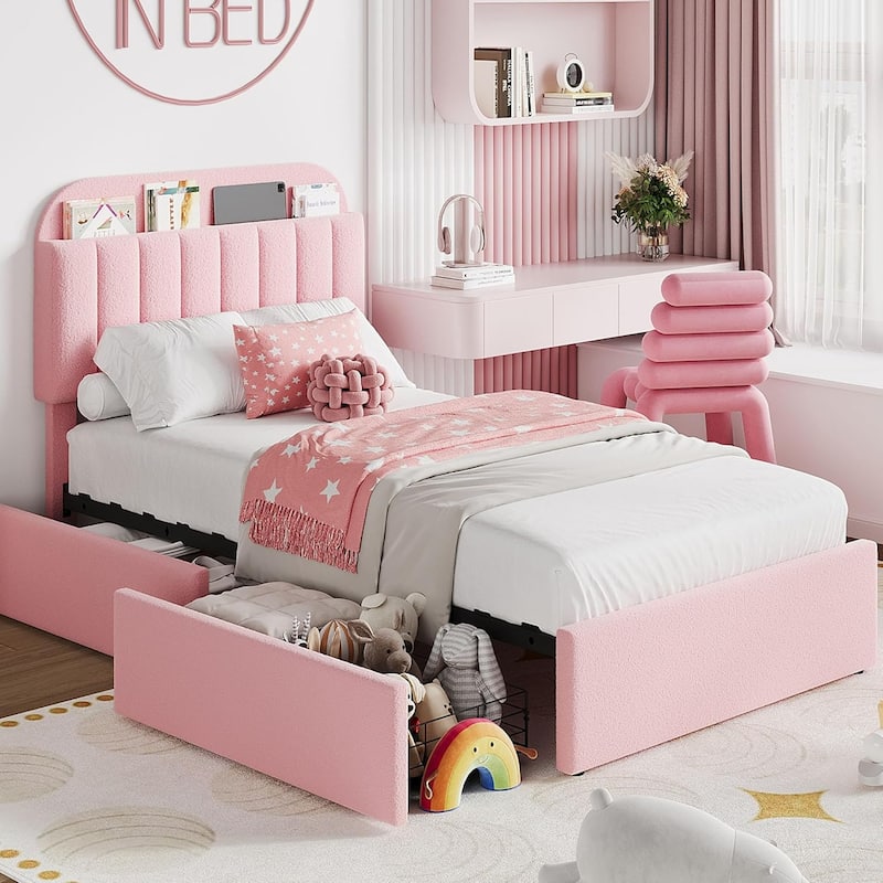 Bed Frame with 2 Drawers, Boucle Upholstered - Pink - Twin XL