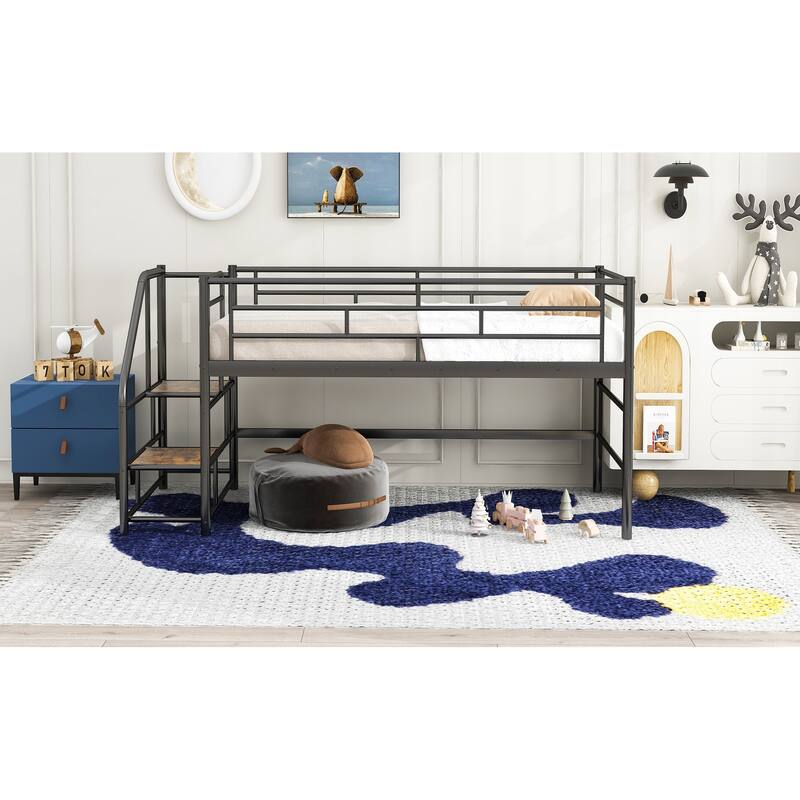 Twin Size Loft Bed with Play and Storage Spaces Underneath, Metal Bed Frame with Storage stairs and Guardrail for Bedroom