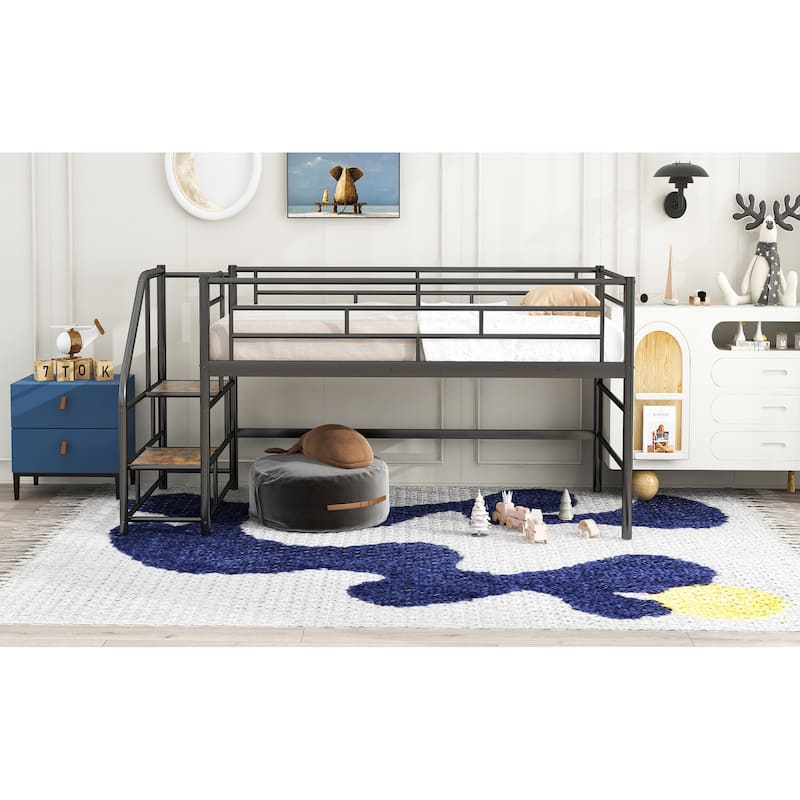 Twin Size MDF Metal Mid Loft Bed with Storage stairs and Fence for Kids, Boys and Girls, Bedroom