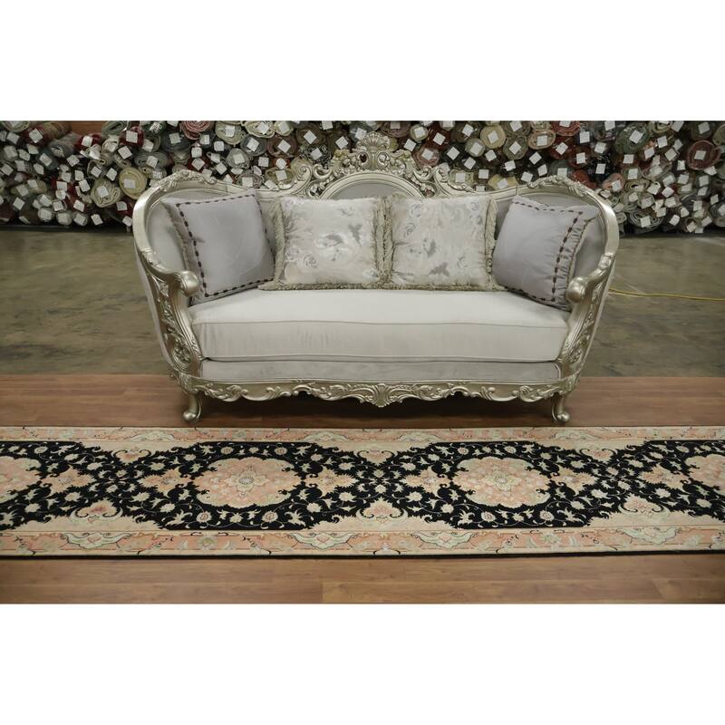 Hand Knotted Oriental Wool & Silk Carpet Traditional Floral Black Tabriz Runner Rug - 13' 5'' X 2' 9''