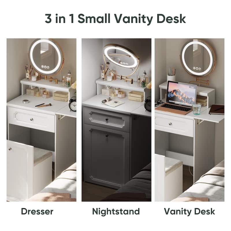 Makeup Vanity Desk With Round Mirror And Lights,2 In 1 Nightstand, Dressing Table With A Chair