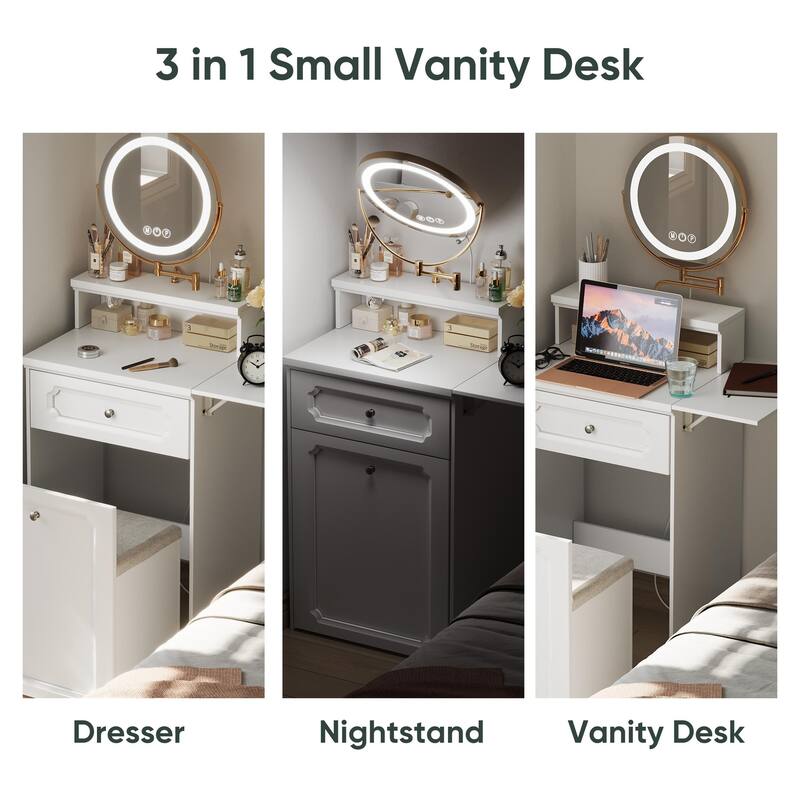White Makeup Vanity Desk with Round Mirror