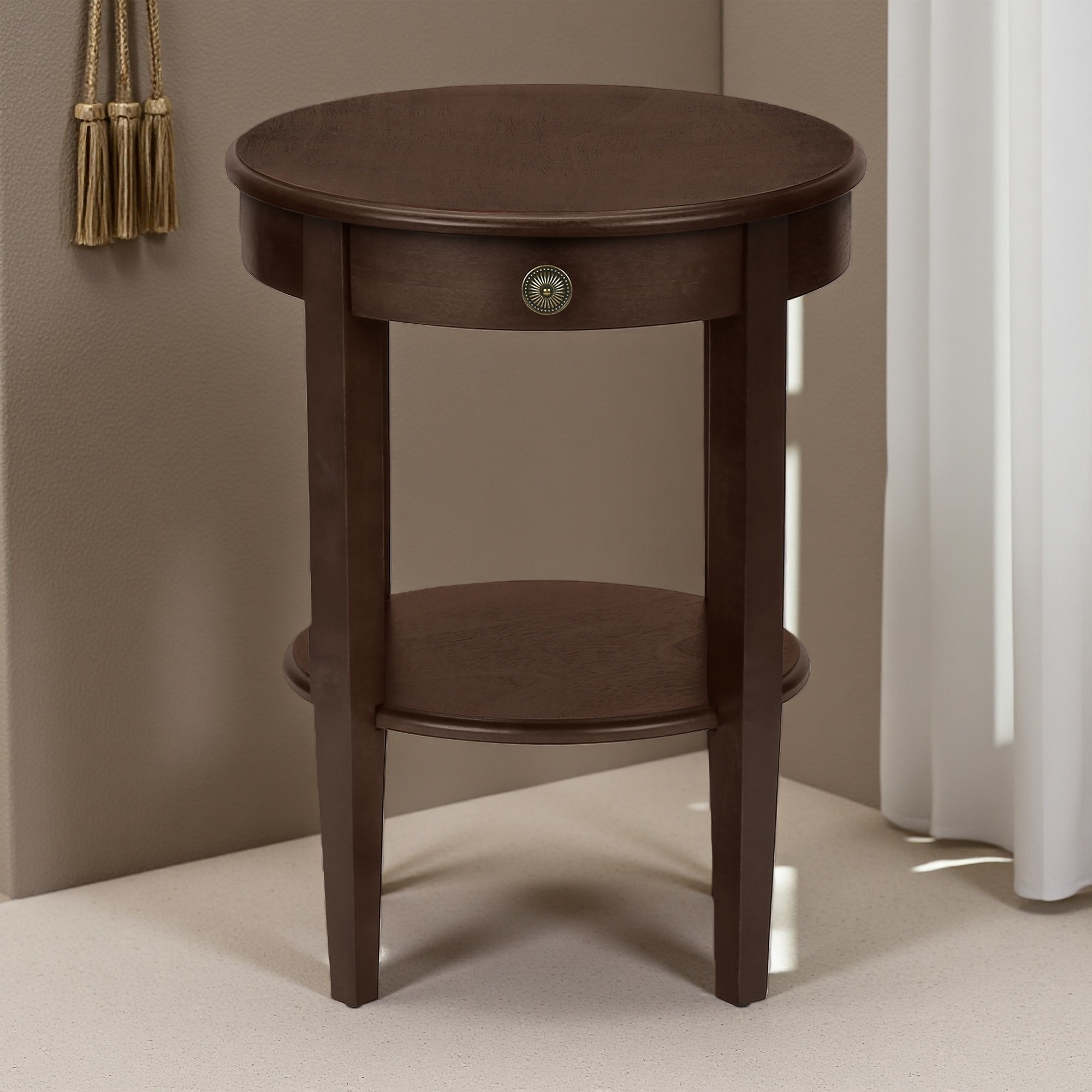 17.25" Round 2-Tier Accent Table with Storage Drawer, Bottom Shelf, and Bronze Knob