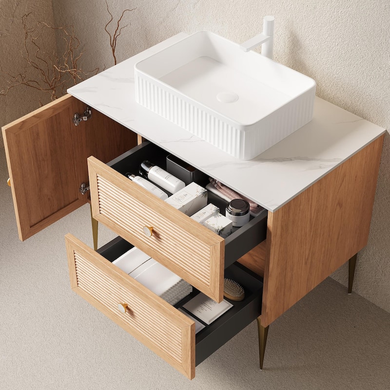 Natural Style Bathroom Vanity with Sink and 1 Door 2 Drawers