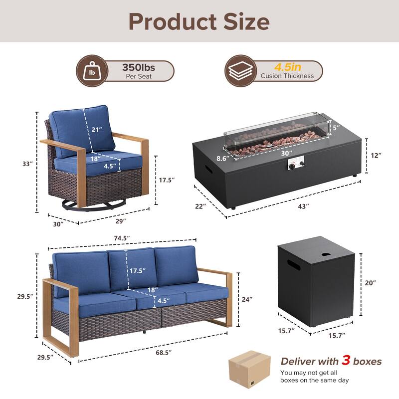 Meyreso Wicker Outdoor Patio Fire Pit Set with Swivel Gliders & 4.5-Inch Olefin Cushions