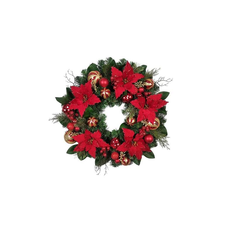 Poinsettias and Ornaments Artificial Christmas Wreath - 30" - Unlit