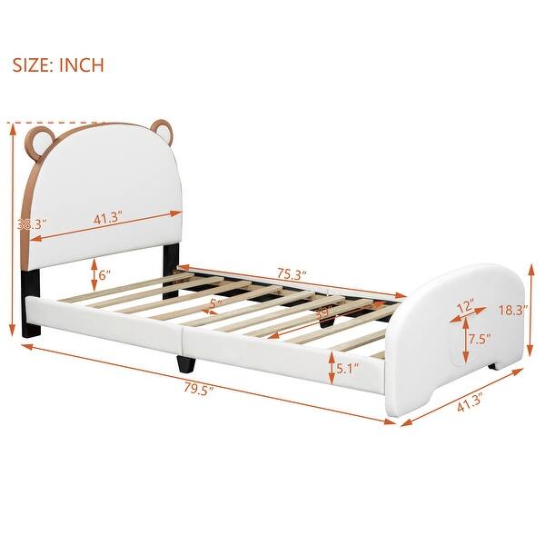 dimension image slide 0 of 3, Upholstered Platform Bed, Bear-shaped Headboard, Footboard with Pocket, Wood Panel Bed for Kids Girls Boys