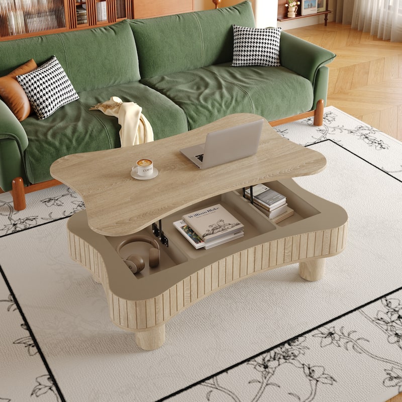 Lift Top Coffee Table - Fluted Panel Hidden Storage,Silent Hydraulic Lift,Curved Safety Corners,5 Min Assembly