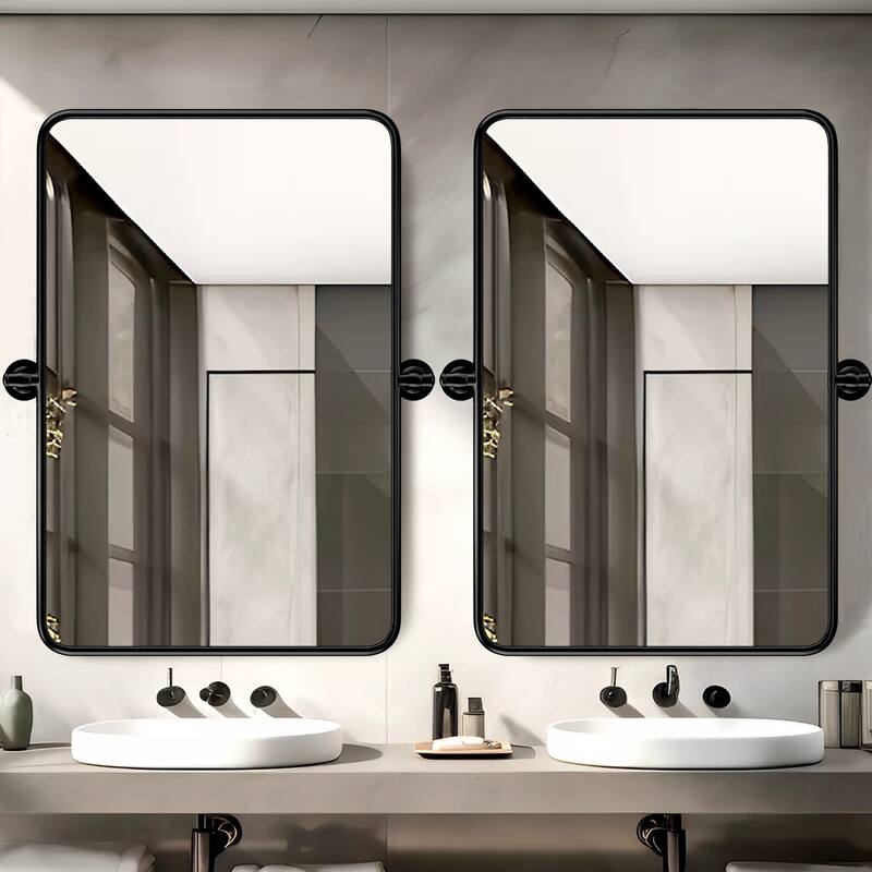 Rectangle Bathroom Tilting Vanity Wall Pivot Mirror, with Rounded Corner Design - 24x36 - Black